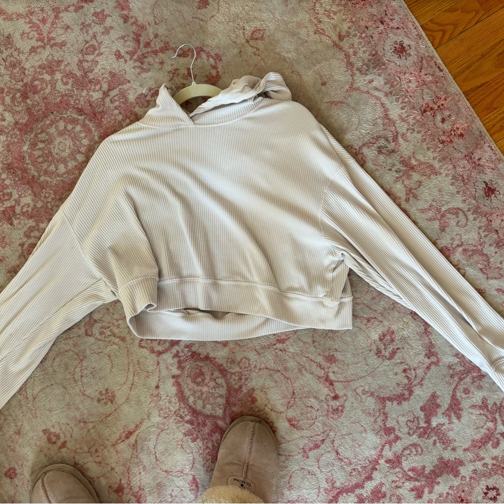 Cream Ribbed Cropped Hoodie